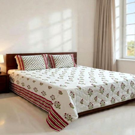 Handmade Pink Butta Pattern Mulmul Cotton Quilted Bedcover